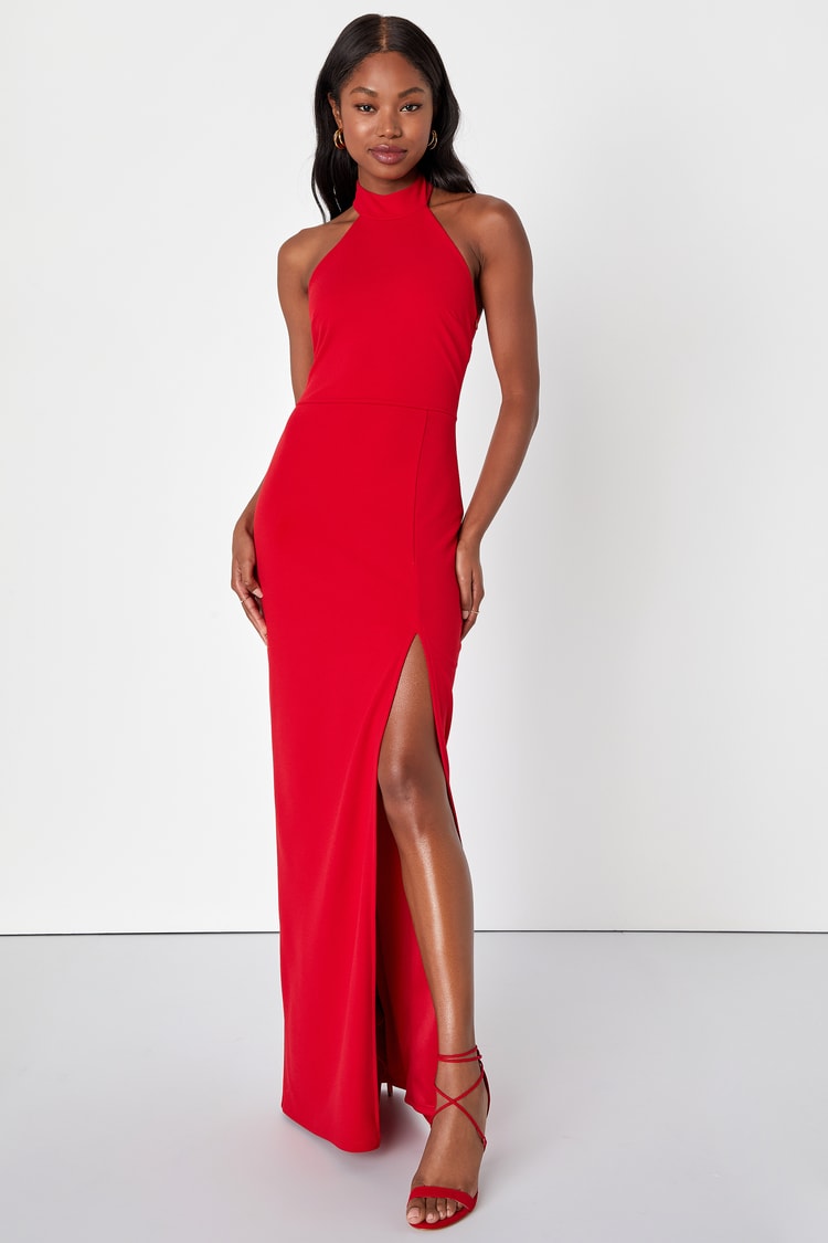 Red Bridesmaid Dress - Halter Neck Dress - Column Maxi Dress - Lulus