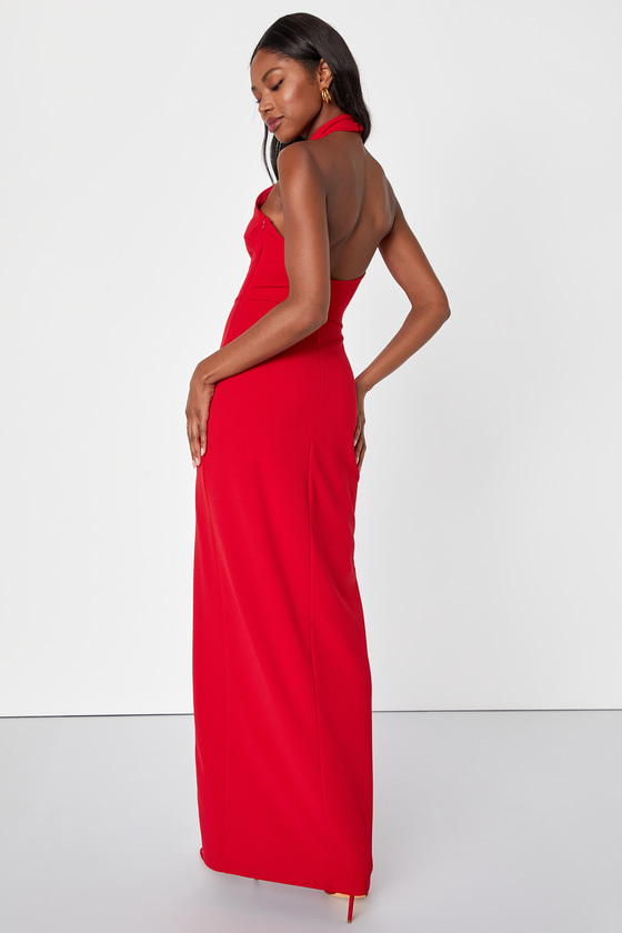 Remarkable Elegance Red Backless Halter Column Maxi Dress 1