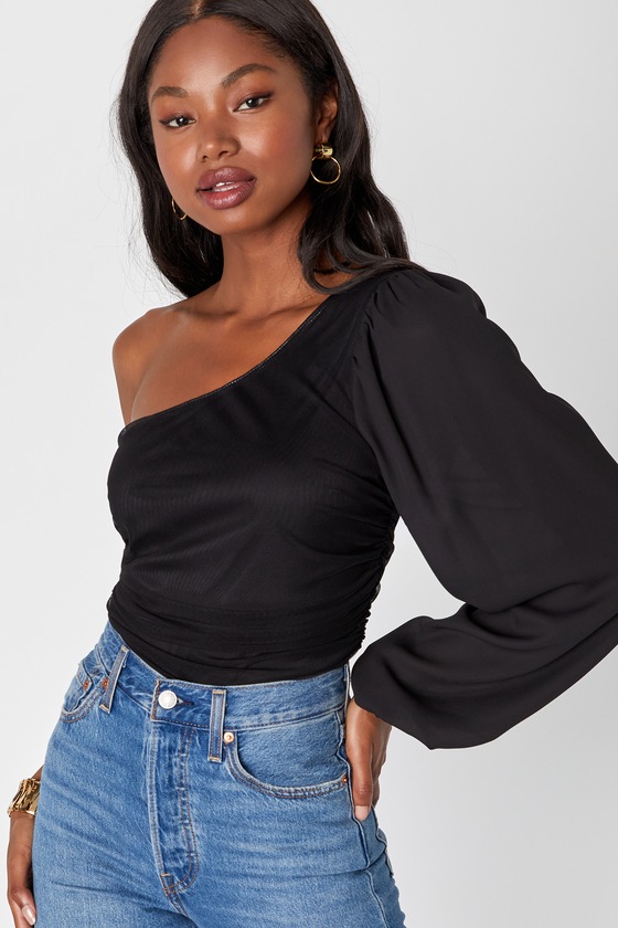 Black Mesh Bodysuit - One-Shoulder Bodysuit - Balloon Sleeve Top - Lulus