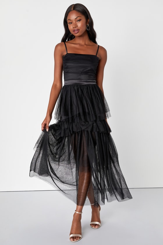 Glam Black Paneled Tulle Skirt Maxi Dress main image 1