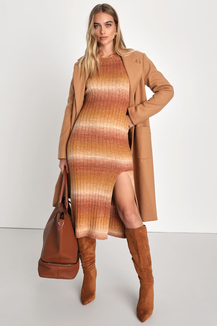 Rust Sweater Dress - Multi Striped Dress - Midi Sweater Dress - Lulus