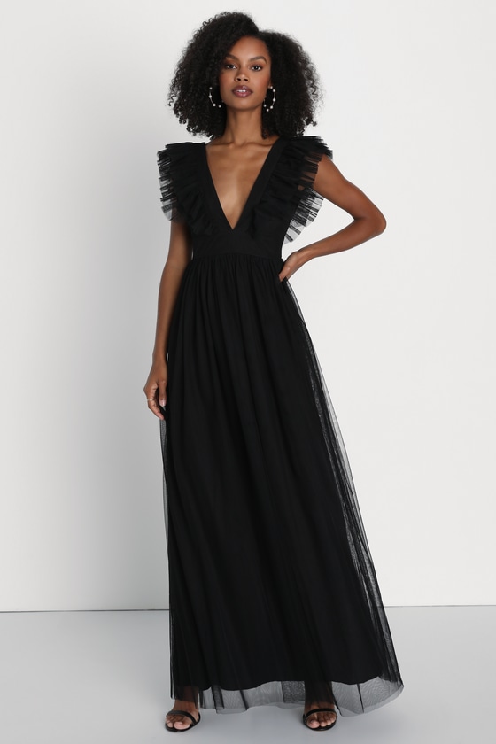 Lulus Simply Delighted Black Mesh Ruffled Backless Maxi Dress