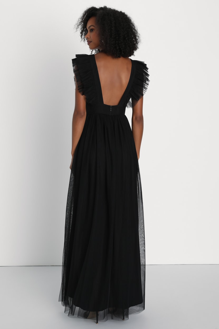 Black Tulle Maxi Dress - Ruffled Maxi Dress - Plunge Maxi Dress - Lulus