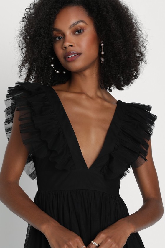 Simply Delighted Black Mesh Ruffled Backless Maxi Dress - thumbnail 3