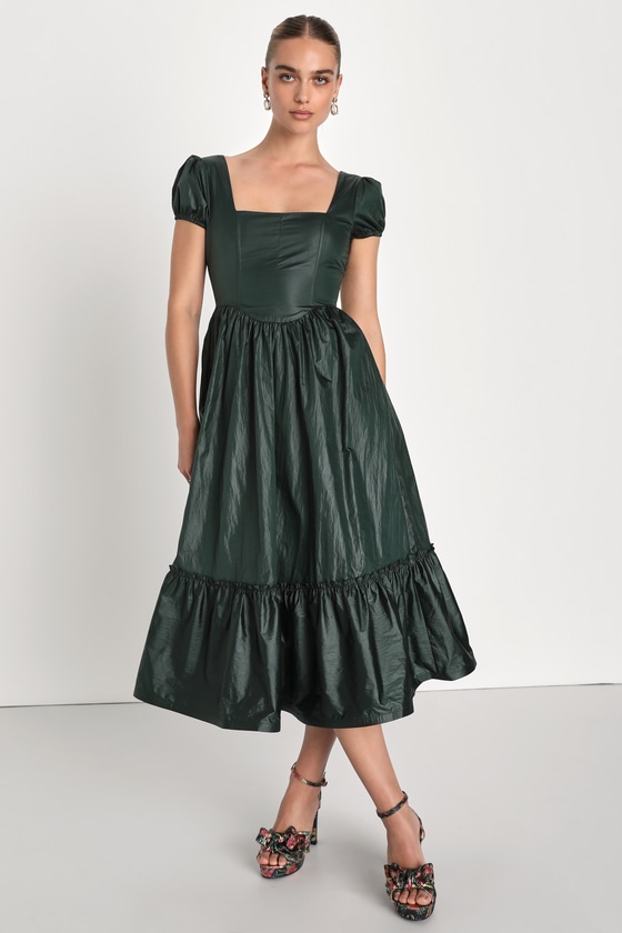 Emerald Midi Dress Puff Sleeve Corset Dress Skater Midi Dress Lulus