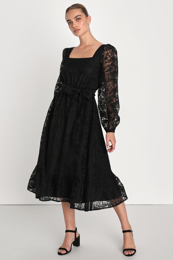 Lulus Keep It Sophisticated Black Floral Burnout Ruffled Midi Dress