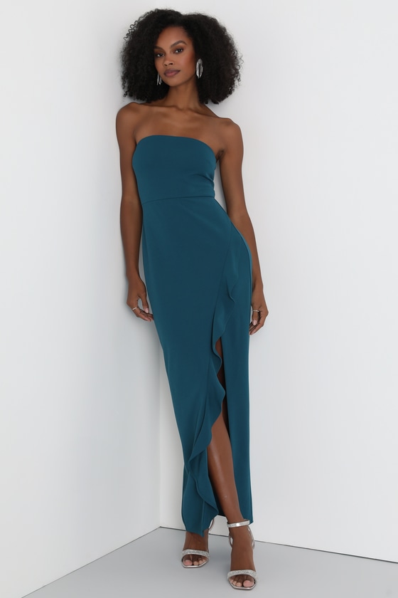 After Hours Blush Teal Blue Strapless Ruffled Maxi Dress 4