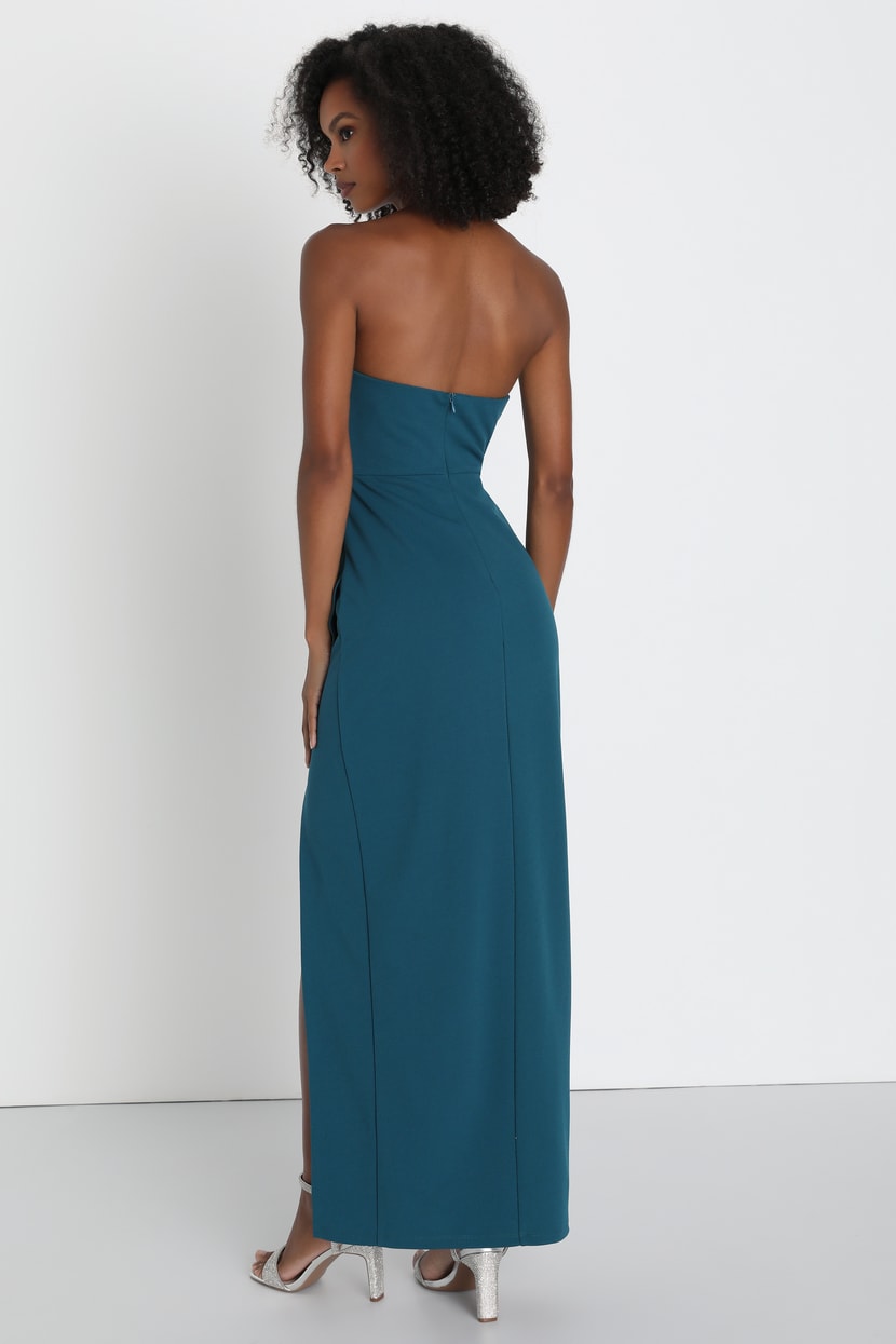 After Hours Teal Strapless Ruffled Maxi Dress