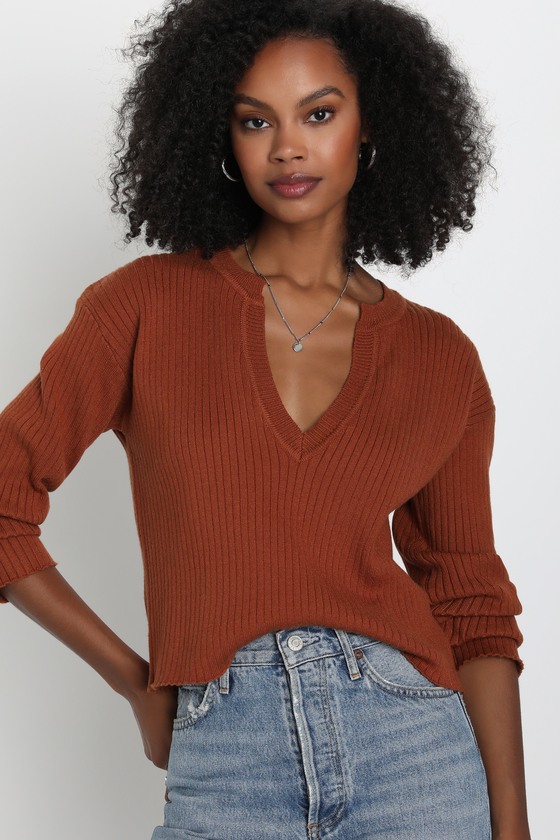 Brown Ribbed Sweater - Notch Neck Sweater - Soft Pullover Sweater - Lulus