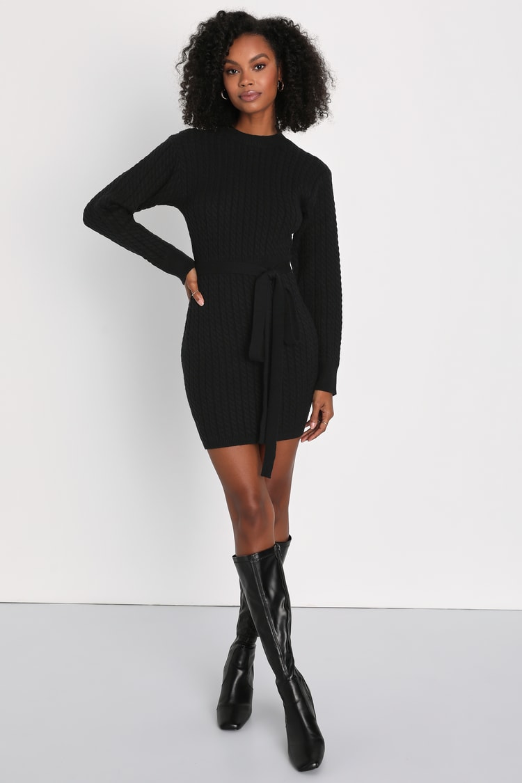 Stylishly Cozy Black Cable Knit Mini Sweater Dress
