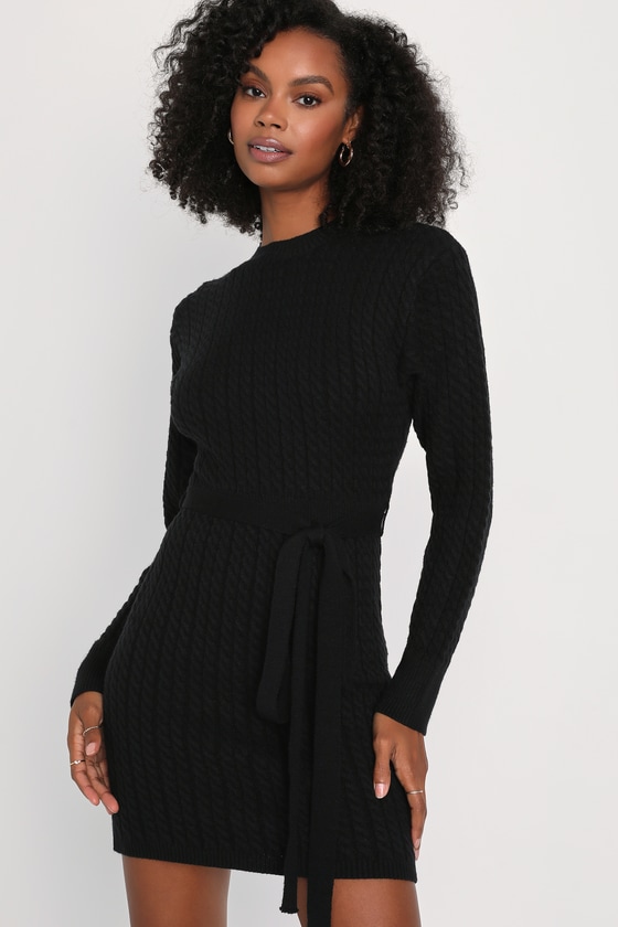 Lulus Stylishly Cozy Black Cable Knit Mini Sweater Dress