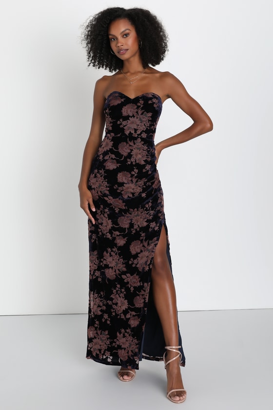 Navy Velvet Dress - Burnout Floral Dress - Strapless Maxi Dress - Lulus