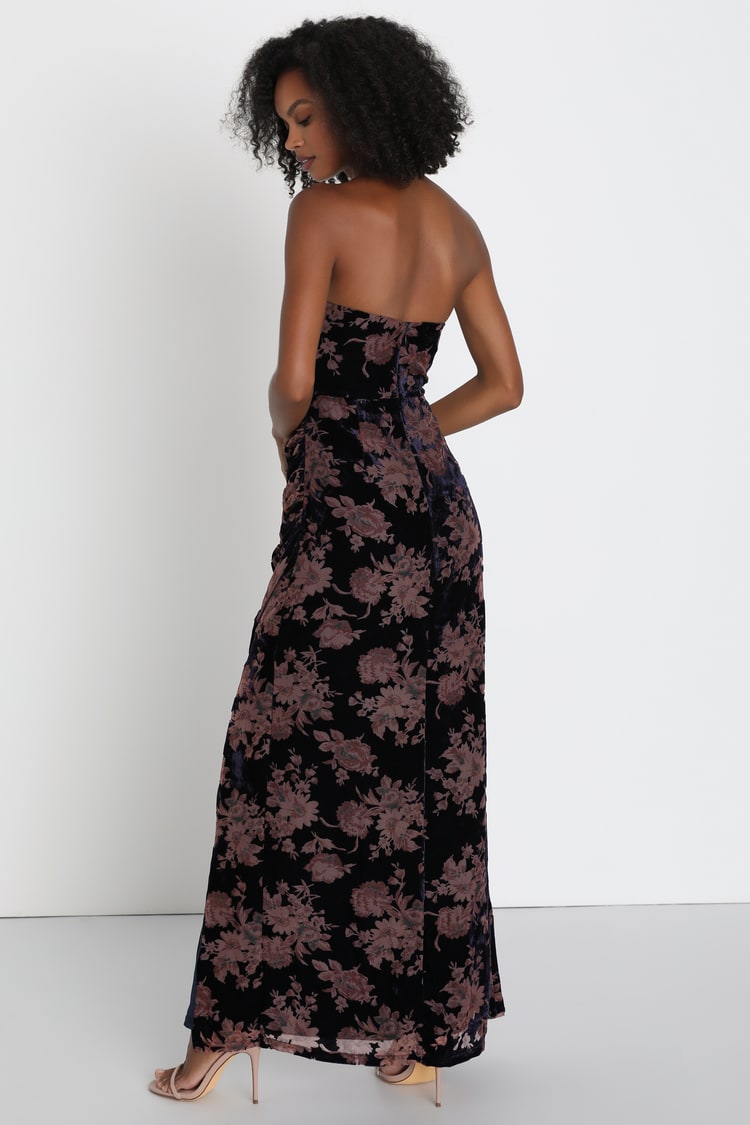 Exquisite Navy Blue Floral Burnout Velvet Strapless Maxi Dress