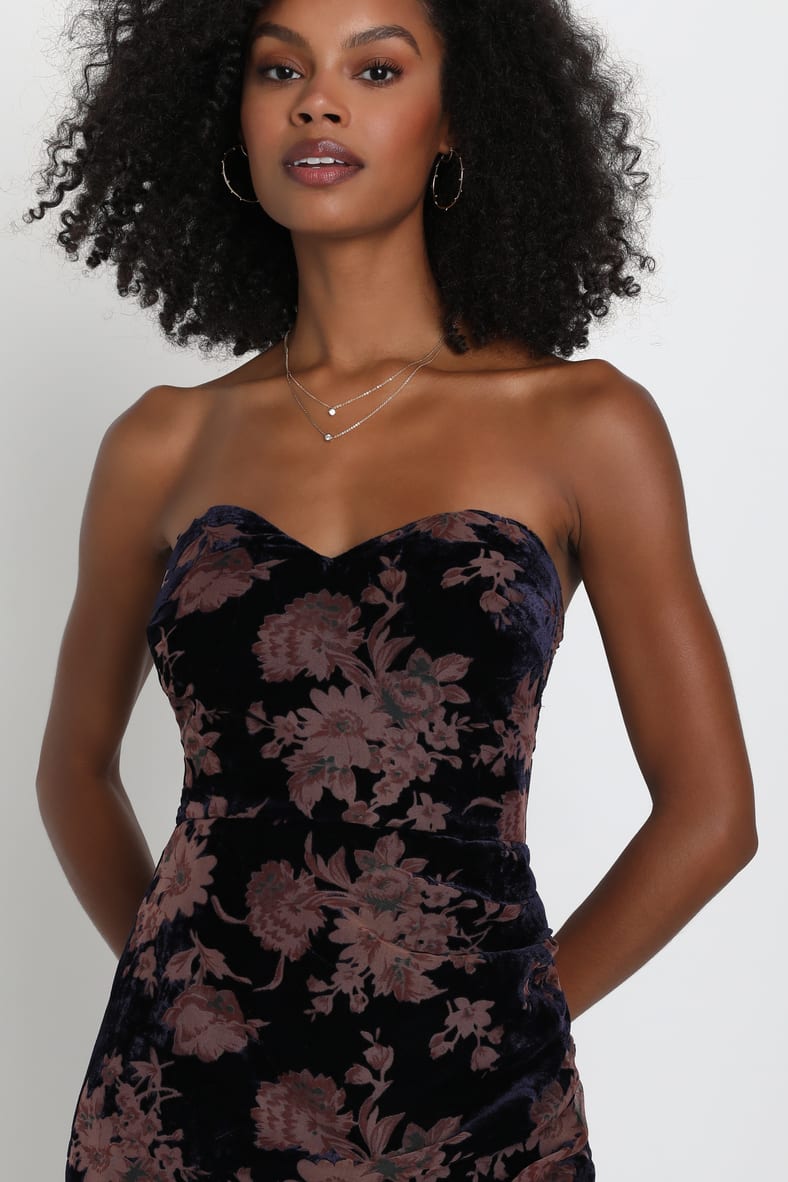 Exquisite Navy Blue Floral Burnout Velvet Strapless Maxi Dress