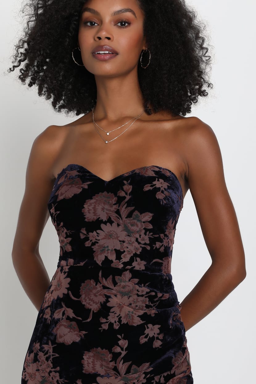 Navy Velvet Dress - Burnout Floral Dress - Strapless Maxi Dress - Lulus