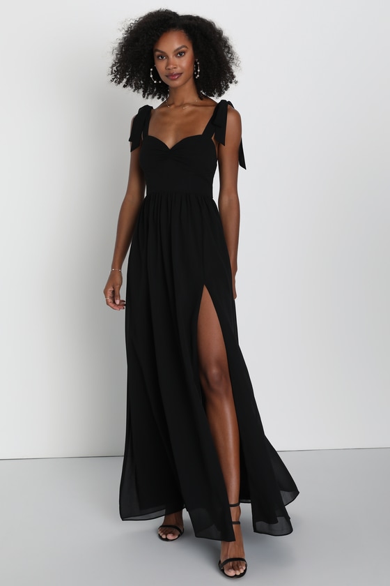 Lulus Radiant Charisma Black Chiffon Ruched Tie-strap Maxi Dress