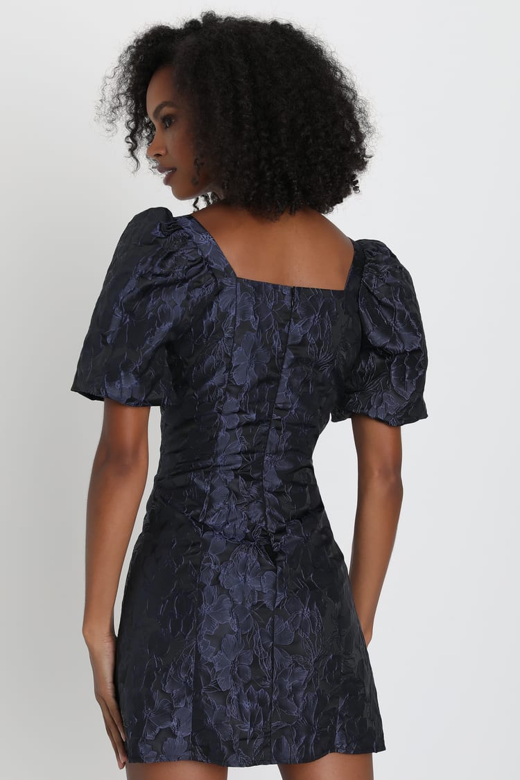 so stunning navy blue floral jacquard puff sleeve mini dress Navy Blue Jacquard Dress - Puff Sleeve Mini Dress - Lace-Up Dress