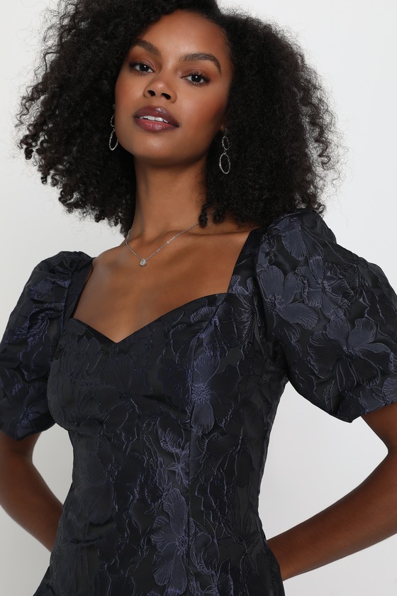 Navy Blue Mini Dress - Floral Jacquard Dress - Puff Sleeve