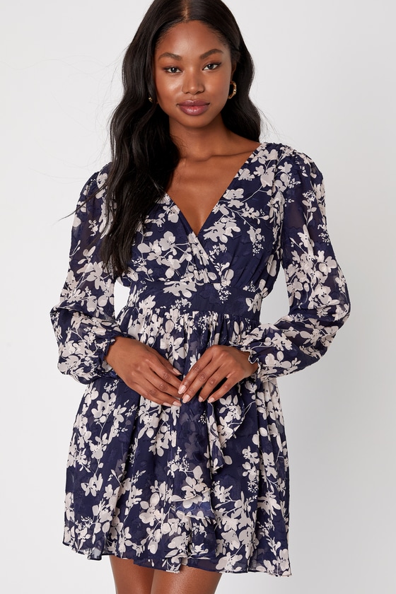 Navy Blue Mini Dress - Floral Balloon Sleeve Dress - Mini Dress - Lulus