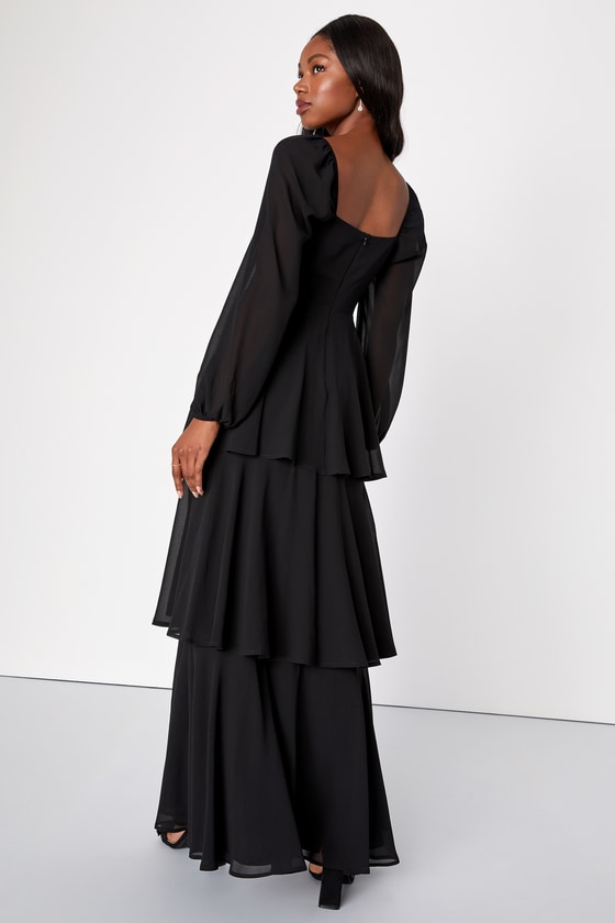 Pretty Black Dress - Tiered Maxi Dress - Balloon Sleeve Dress - Lulus