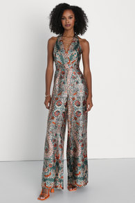 Divine Wanderings Teal Green Scarf Print Satin Wide-Leg Jumpsuit 1