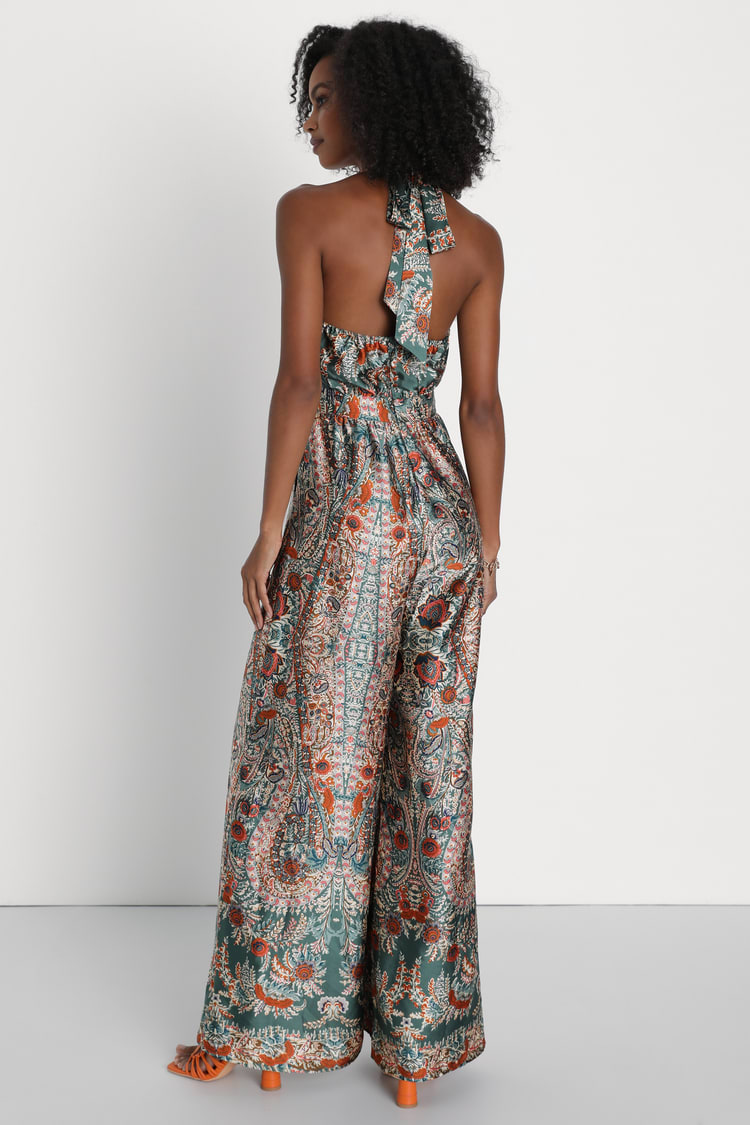 Divine Wanderings Teal Green Scarf Print Satin Wide Leg Jumpsuit