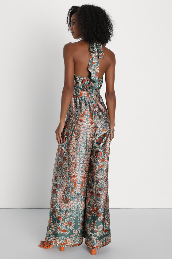 Divine Wanderings Teal Green Scarf Print Satin Wide-Leg Jumpsuit 2