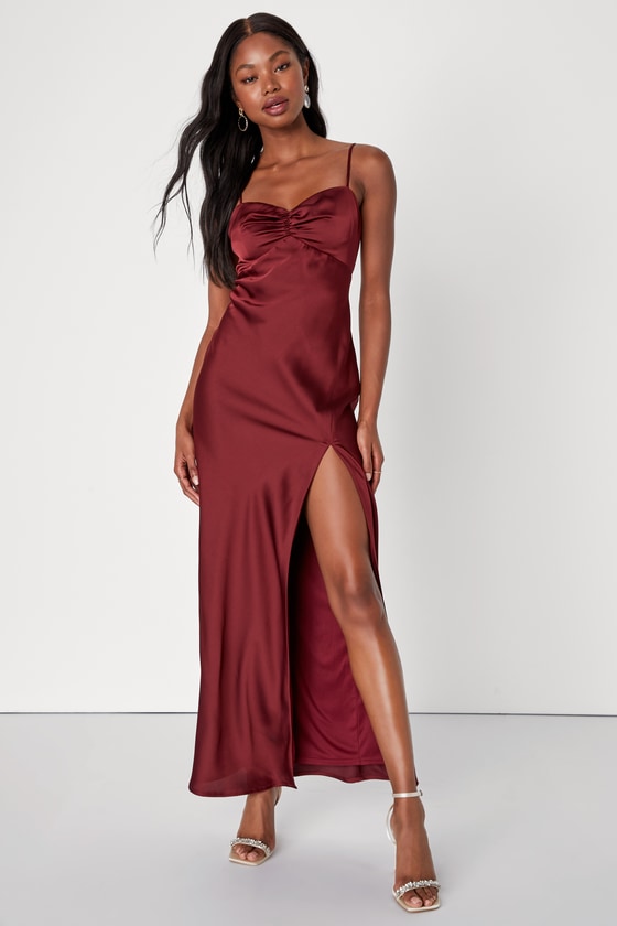 Lulus Serene Beauty Burgundy Satin Ruched Backless Maxi Slip Dress