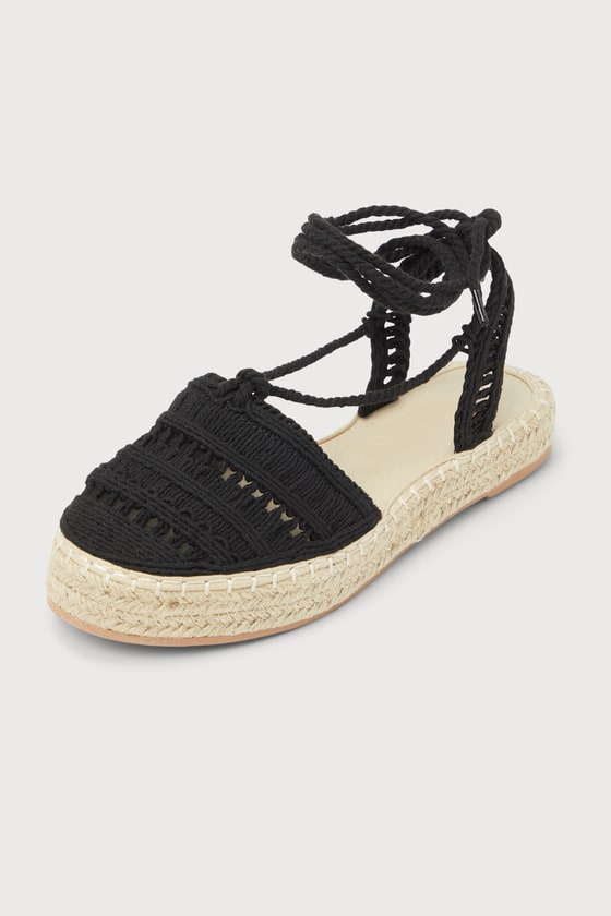 Kaiha Black Crochet Lace-Up Espadrille Flats 6