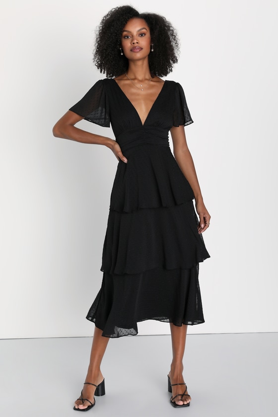 Lulus Bound For Romance Black Clip Dot Tiered Midi Dress