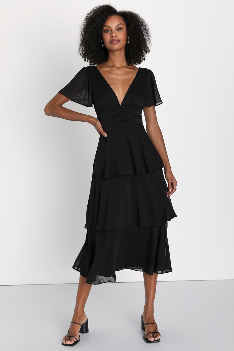 Bound for Romance Black Clip Dot Tiered Midi Dress