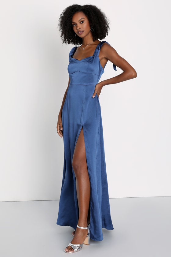 Effortless Sophistication Navy Blue Satin Tie-Strap Maxi Dress 4