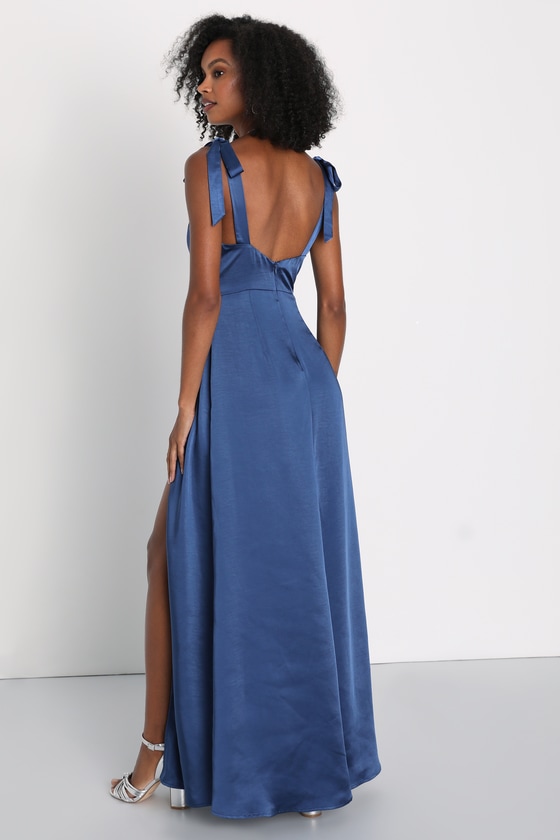 Effortless Sophistication Navy Blue Satin Tie-Strap Maxi Dress 2
