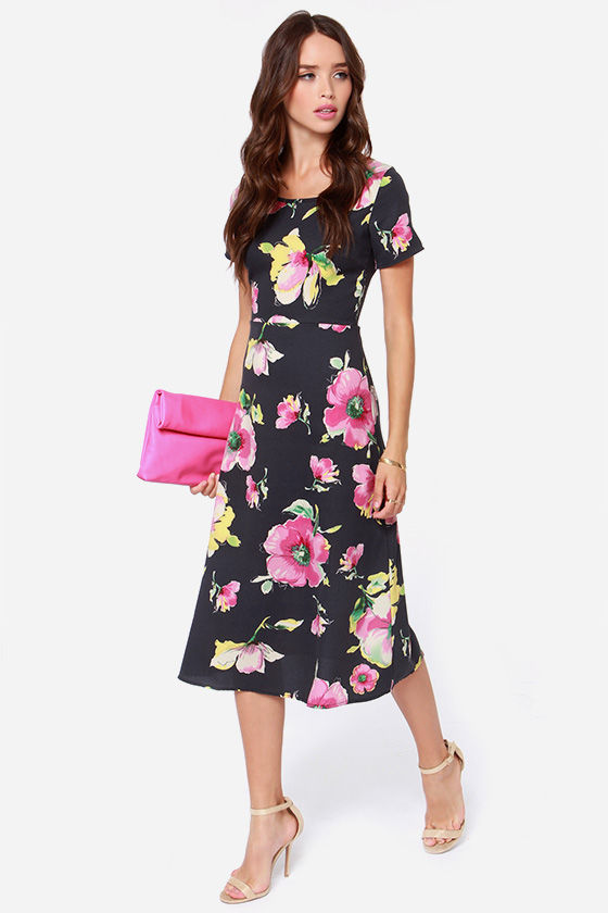Pretty Grey Dress - Floral Print Dress - Midi Dress - $43.00 - Lulus