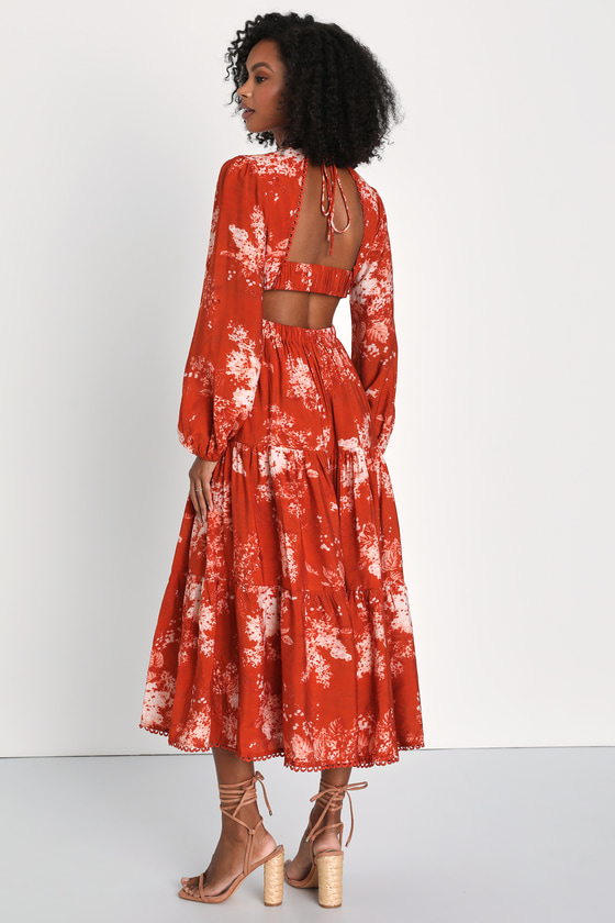 Orange Floral Print Dress - Tiered Midi Dress - Backless Dress - Lulus