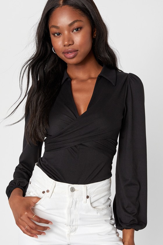 Chic Black Balloon Sleeve Top - Collared Top - Faux-Wrap Top - Lulus