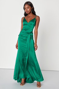 Majestic Essence Green Satin Pleated Tie-Front Maxi Dress