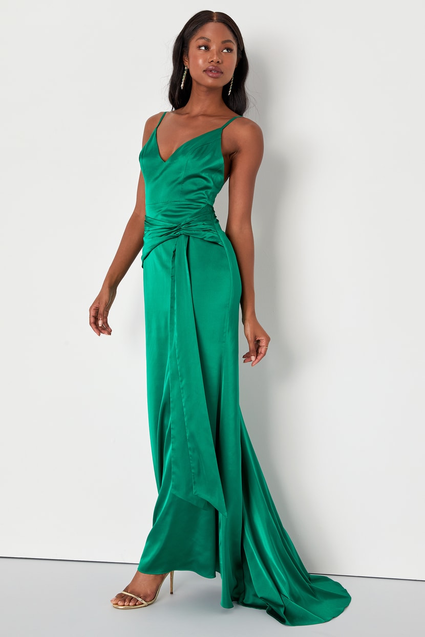 Green Satin Dress - Tie-Front Pleated Dress - Backless Maxi Dress - Lulus