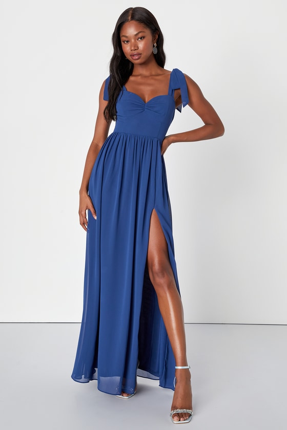 Blue Chiffon Dress - Ruched Maxi Dress - Tie-Strap Maxi Dress - Lulus
