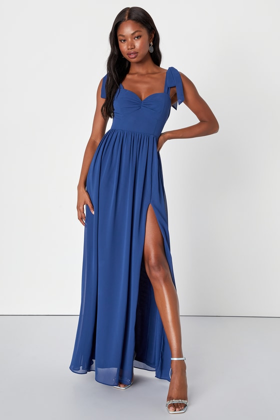 Lulus Radiant Charisma Blue Chiffon Ruched Tie-strap Maxi Dress