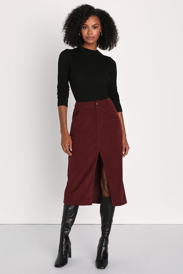 burgundy midi skirt