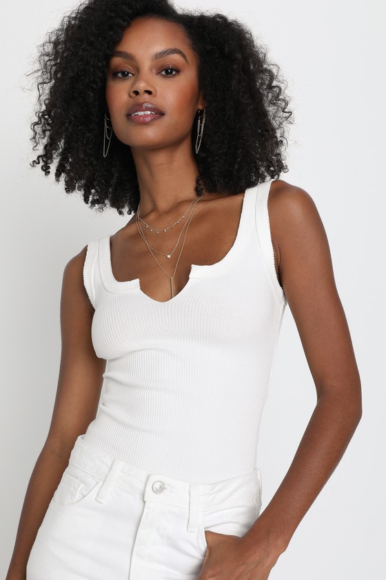 White Tank Top - Ribbed Knit Tank Top - Notched Neckline Top - Lulus