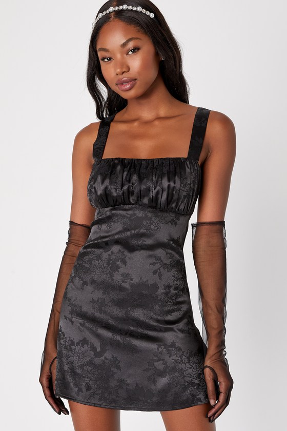 Lulus Exquisite Outlook Black Floral Jacquard Satin Lace-up Mini Dress