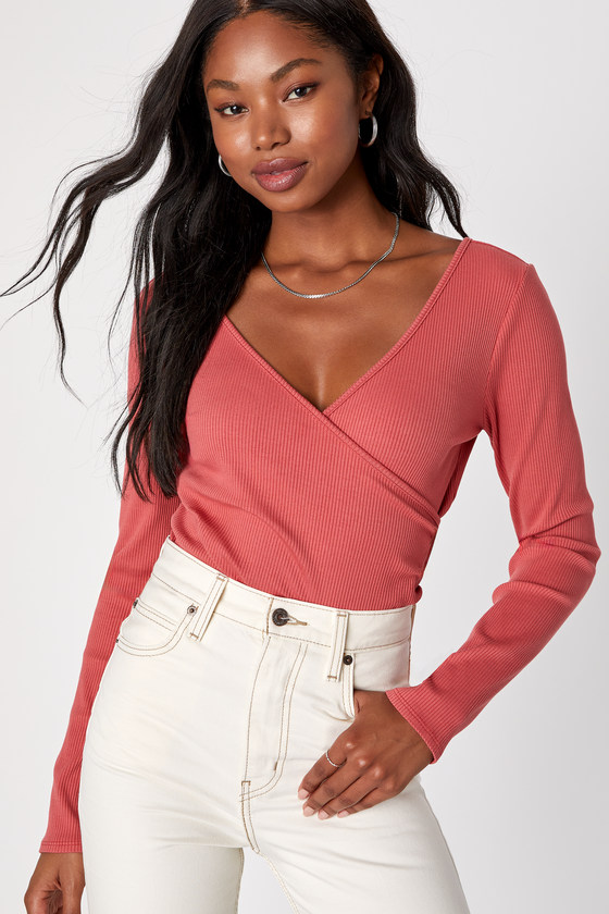 Lulus All Day Fave Rusty Rose Ribbed Surplice Long Sleeve Top In Pink