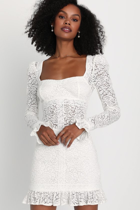 Lulus Quite A Delight White Lace Backless Long Sleeve Mini Dress