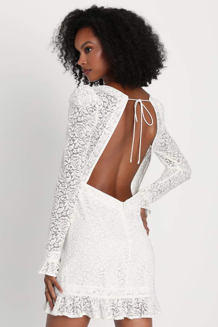 White Lace Mini Dress - Backless Lace Dress - Ruffled Lace Dress