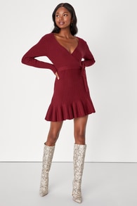 Warm Emotions Burgundy Skater Mini Sweater Dress