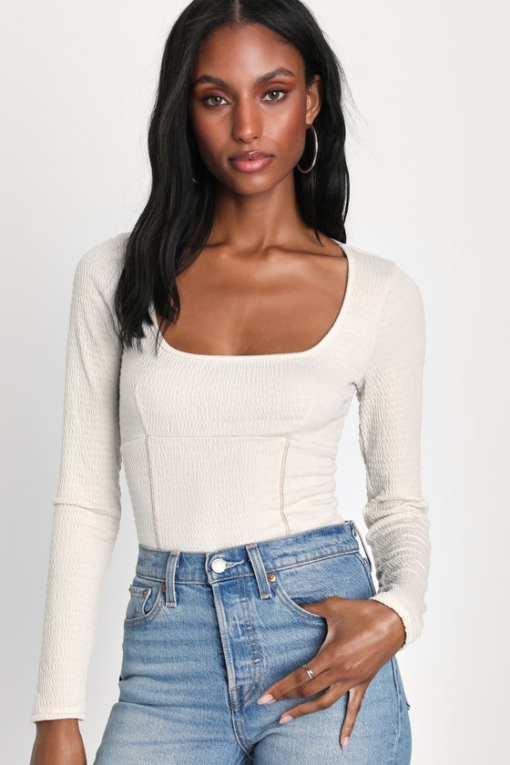 Cream Smocked Top - Long Sleeve Top - Scoop Neck Top - Seamed Top - Lulus