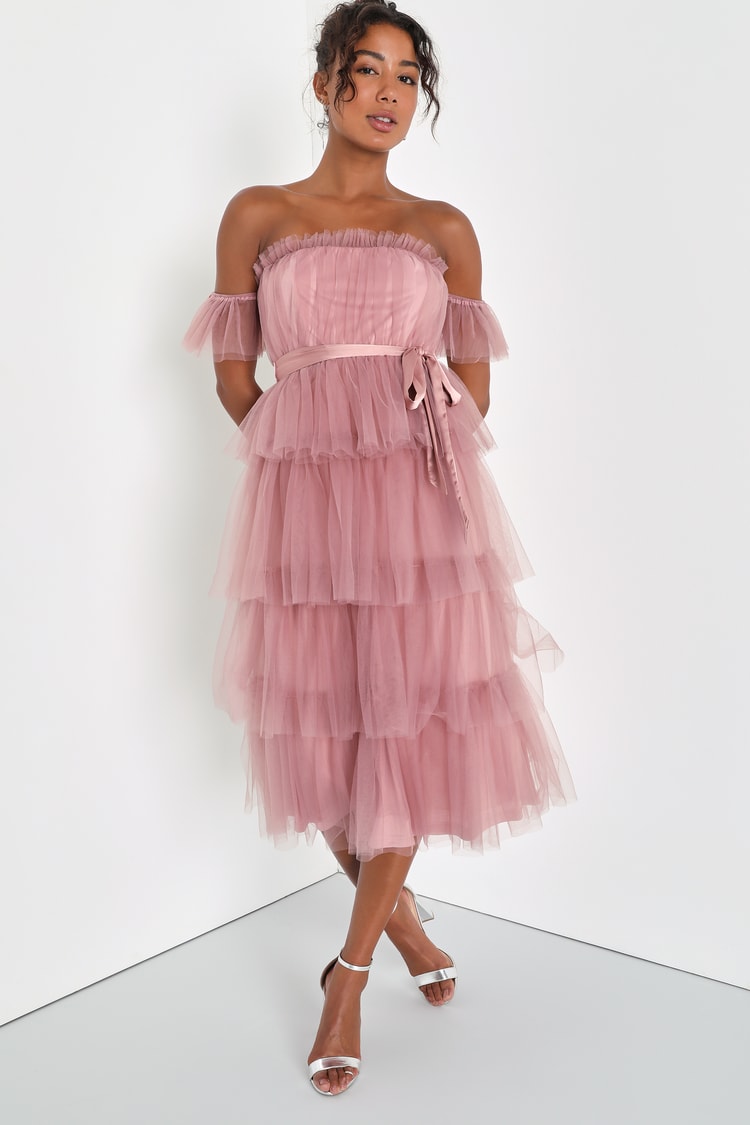 Charismatic Presence Mauve Tulle Off-the-Shoulder Midi Dress Charismatic Presence Mauve Tulle Off-the-Shoulder Midi Dress