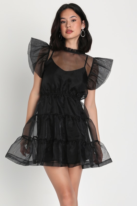 Black Sheer Mini Dress - Tiered Ruffled Dress - Organza Dress - Lulus